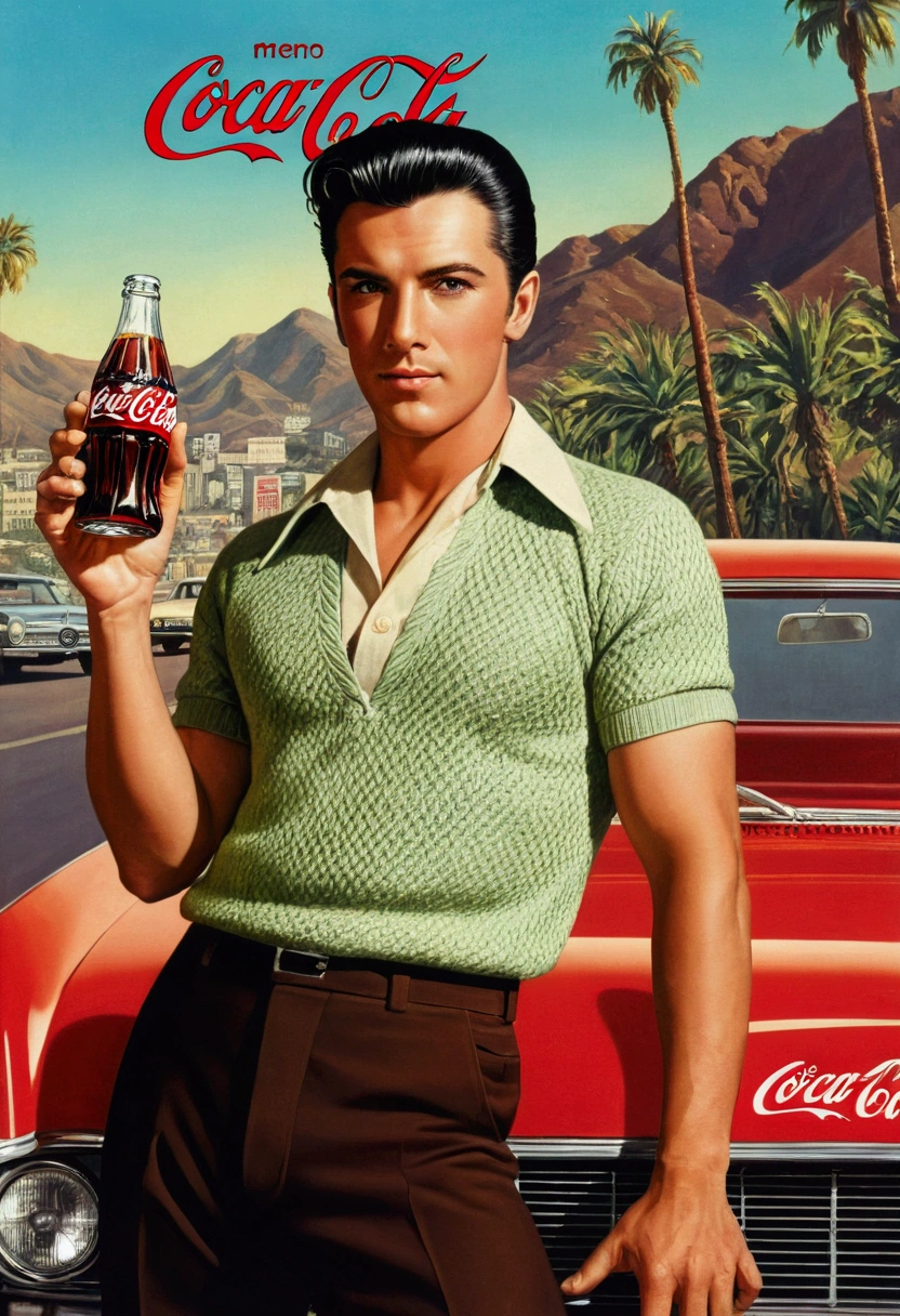 man retro America style 1970-1990, short hair, Hollywood background, car,Hollywood, Coca-Cola