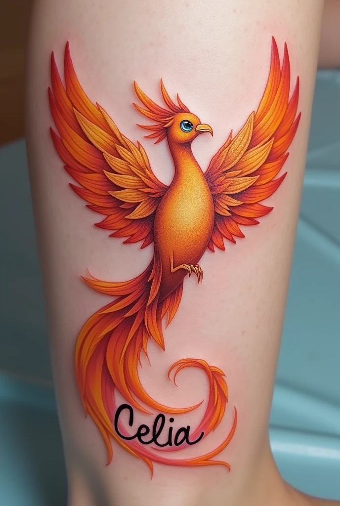 I want an image for a tattoo, a delicate phoenix with fine features and the waves of its tail form the name Celia