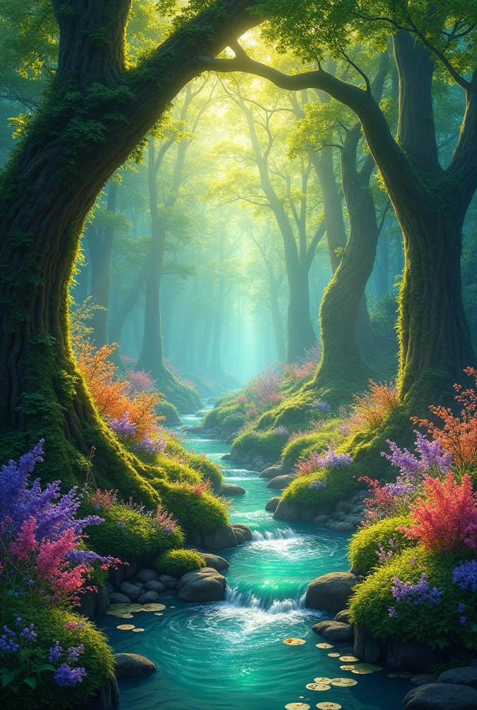 Start with a quick, bright shot of a mystical forest with colorful, A 19:16