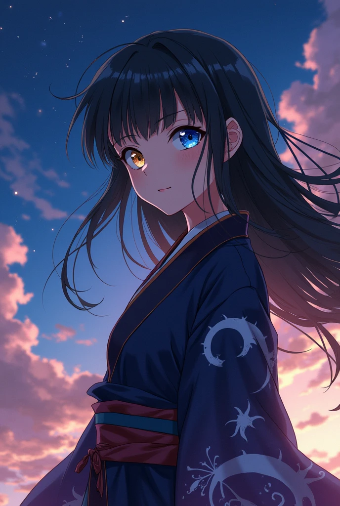 Create an anime image with the following descriptions A thin, average-height young woman.
black hair, loose that extends around the back.
Heterochromatic eyes, one blue and the other gold with small drawings on them (Sun and moon).
Red lips She wears the demon slayer uniform along with a haori with a moon design