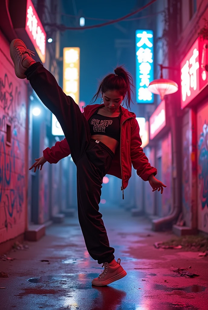 90s cartoon, 1 asian female, streetstyle hiphop fashion, baggy thick edgy loose clothing, breakdancing, footwork spinning on head, expressive pose, urban allyway environment, neon lights, cinematic lighting,, extremely detailed, photorealistic, 8k, film grain, dynamic composition, high quality, masterpiece