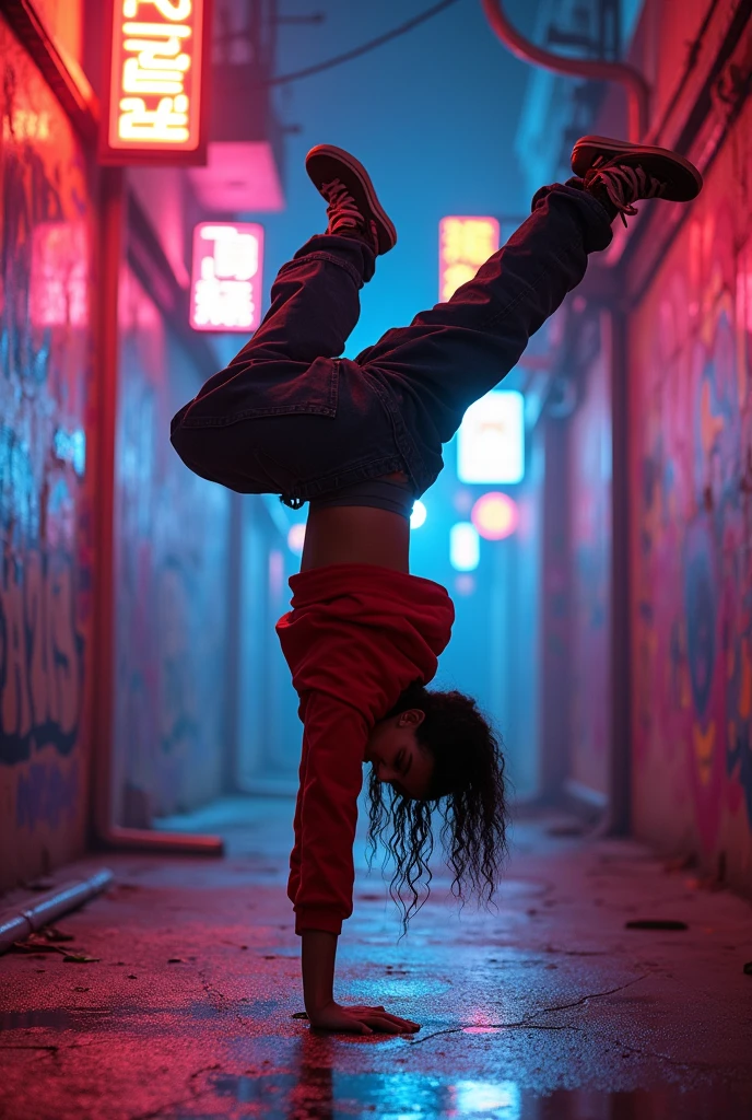 90s cartoon, 1 asian female, streetstyle hiphop fashion, baggy thick edgy loose clothing, breakdancing, footwork spinning on head, expressive pose, urban allyway environment, neon lights, cinematic lighting,, extremely detailed, photorealistic, 8k, film grain, dynamic composition, high quality, masterpiece