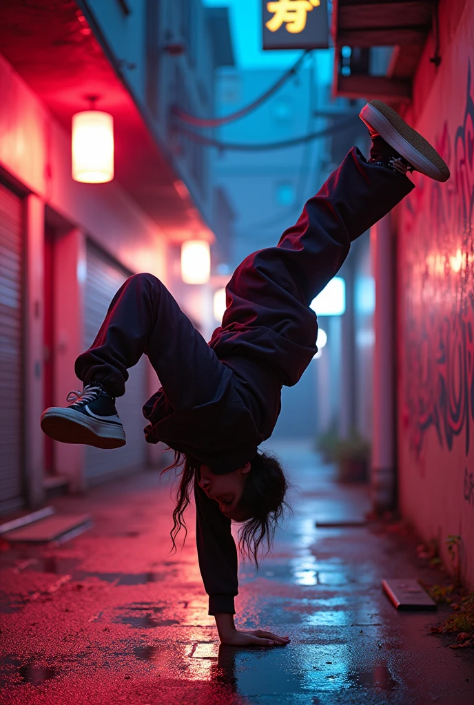 90s cartoon, 1 asian female, streetstyle hiphop fashion, baggy thick edgy loose clothing, breakdancing, footwork spinning on head, expressive pose, urban allyway environment, neon lights, cinematic lighting,, extremely detailed, photorealistic, 8k, film grain, dynamic composition, high quality, masterpiece