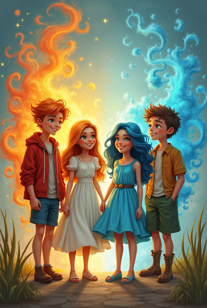 4 fantasy figures ager a man fit the element fire with flames, orange hair, rote, yellow, orange kleidung
Einer frau passend zum element wasser mit einem blueen kleid, bluee haare, blue , Turquoise Clothing A woman matching the element air with clouds, White hair, white grey clothing A man suitable for the element earth, Brown hair, green brown clothes are friends for a project in elementary school 3 class childish cartoon fantasy looking forward into the camera
