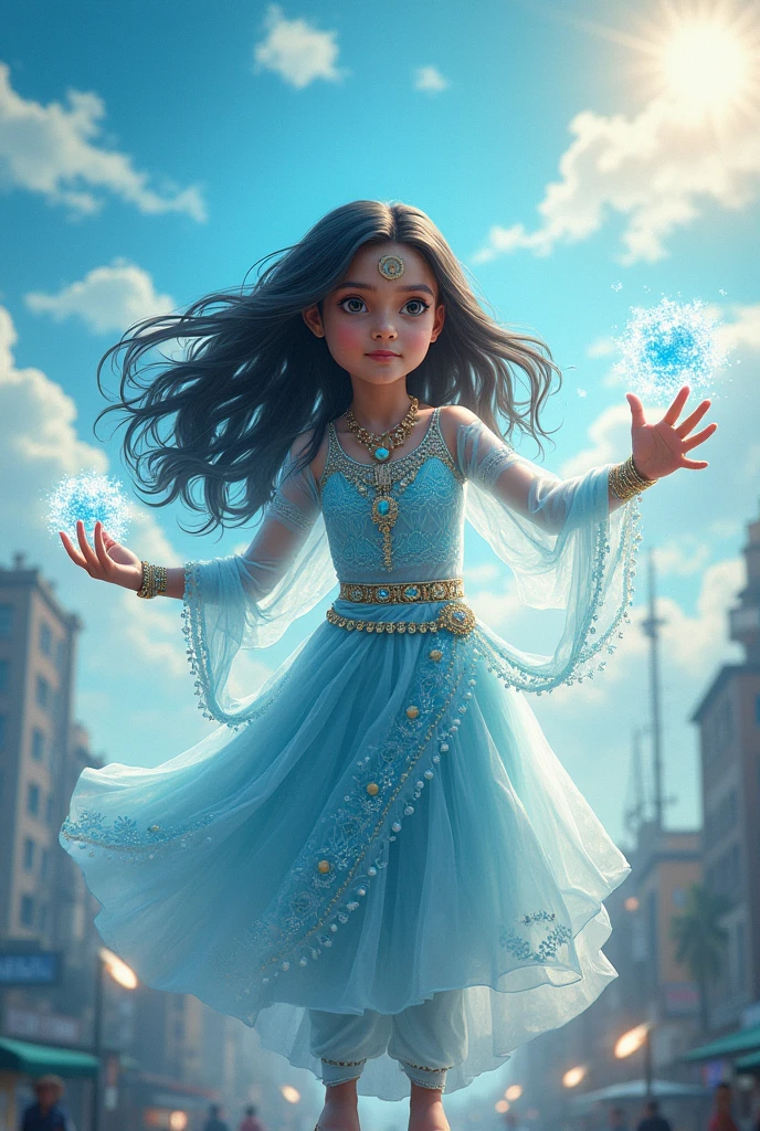 "Create an image of an Indian superhero small girl the age of 6 years old with the power of air. The superhero should have an ethereal and majestic appearance, with elements that suggest their control over the wind and sky. They could be dressed in traditional Indian attire, modified with a futuristic twist to reflect their powers. Flowing fabrics that move as if caught in a gentle breeze would emphasize their connection to the air. Their eyes might glow with a soft, sky-blue light, and their hands could be surrounded by swirling gusts of wind. The background should feature a dynamic sky, with clouds parting or swirling around them, highlighting their control over the elements."