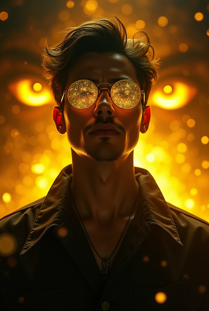 Masterpiece, character, male, round yellow sunglasses, eyes in the background, darkness, magical glow, amazing effects