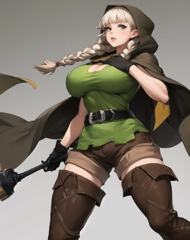 (best quality), (masterpiece), 1 girl, early 20's, huge heavy breasts, busty, perky breasts, thick, thick lips, wide hips, thin waist, twin braids, hood, brown cloak, green tunic, gloves, belt, brown shorts, thigh boots, short girl