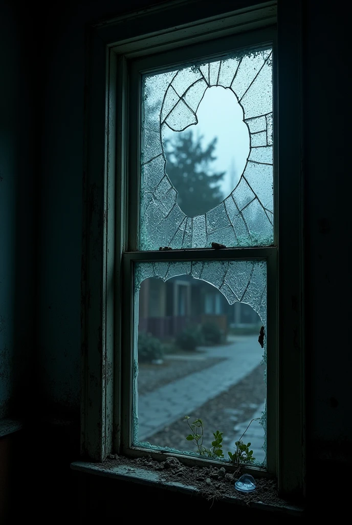 Window with broken glass at night