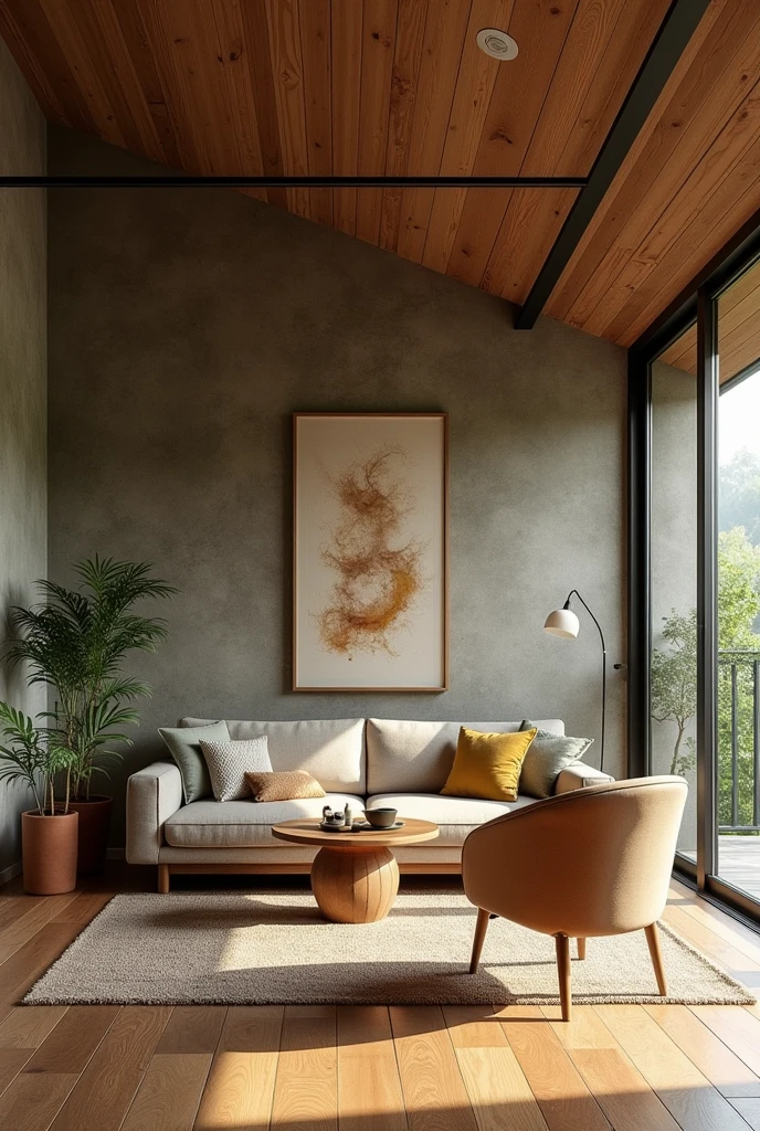Please design me a tea room, wabi sabi style, modern and fully equipped. gentle design, nature.
