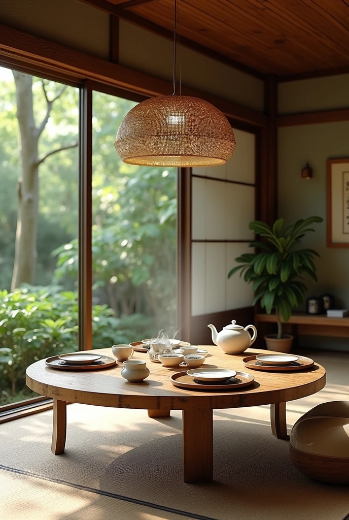 Please design me a tea room, wabi sabi style, modern and fully equipped. gentle design, nature.