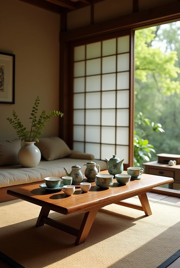 Please design me a tea room, wabi sabi style, modern and fully equipped. gentle design, nature.