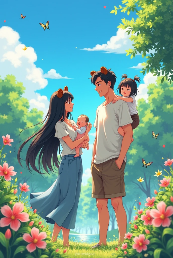 An anime woman with long black hair and brown cute bear ears and she is holding her baby son in her arms and she is standing with her husband who is holding his toddler daughter and they are standing in their backyard