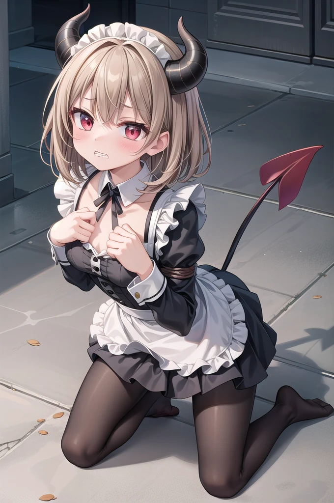 Solo Girl, 20-year-old,Medium Hair, Light brown hair, Mid-chest, highest quality, High resolution, Very detailed, Detailed Background, Perfect lighting、Extreme maid outfit、very cute, Red eyes, a pair of demon horns, Blush, Black pantyhose, A tail of a succubus, No shoes on, Bound up, Kneeling on the ground, scared expression, clenched teeth, Bind hands and feet