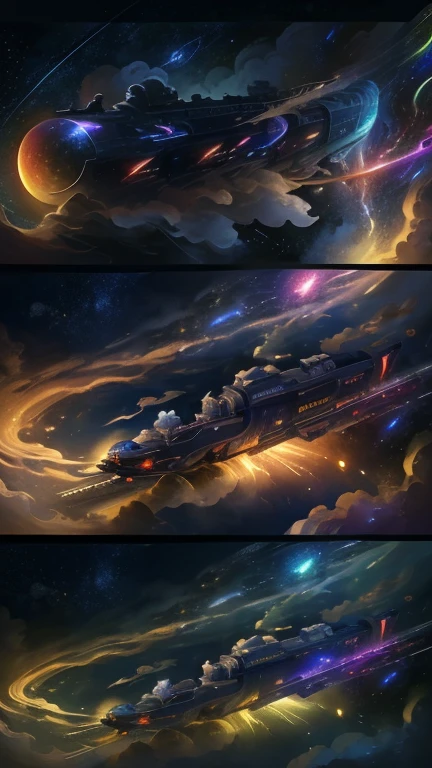 Fantasy，8k,Very detailed, masterpiece,High resolution,Highest quality,Increase the resolution,Cinema Lighting,Different space，4D World，Night on the Galaxy Express，cyber-，Steam locomotive type，A spaceship towing multiple passenger cars，Controlled by Ether，30-car train、Running in space，Many Stars，Many galaxies，milky way，Cruising at the speed of light，Seeing the Earth in the distance，Super Express，Go to Andromeda，Wide viewing angles，vision，Floating in the air，In the dazzling light，Very colorful，All vehicles are visible，S-shape，Rail of light，999，Colorful Cloud Nebula