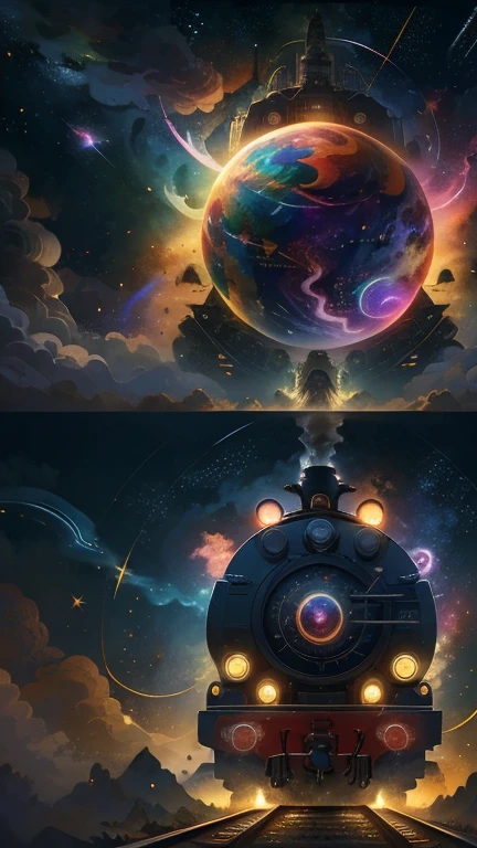 Fantasy,8k,Very detailed, masterpiece,High resolution,Highest quality,Increase the resolution,Cinema Lighting,Different space,4D World,Night on the Galaxy Express,cyber-,Steam locomotive type,A spaceship towing multiple passenger cars,Controlled by Ether,30-car train、Running in space,Many Stars,Many galaxies,milky way,Cruising at the speed of light,Seeing the Earth in the distance,Super Express,Go to Andromeda,Wide viewing angles,vision,Floating in the air,In the dazzling light,Very colorful,All vehicles are visible,S-shape,Rail of light,999,Colorful Cloud Nebula