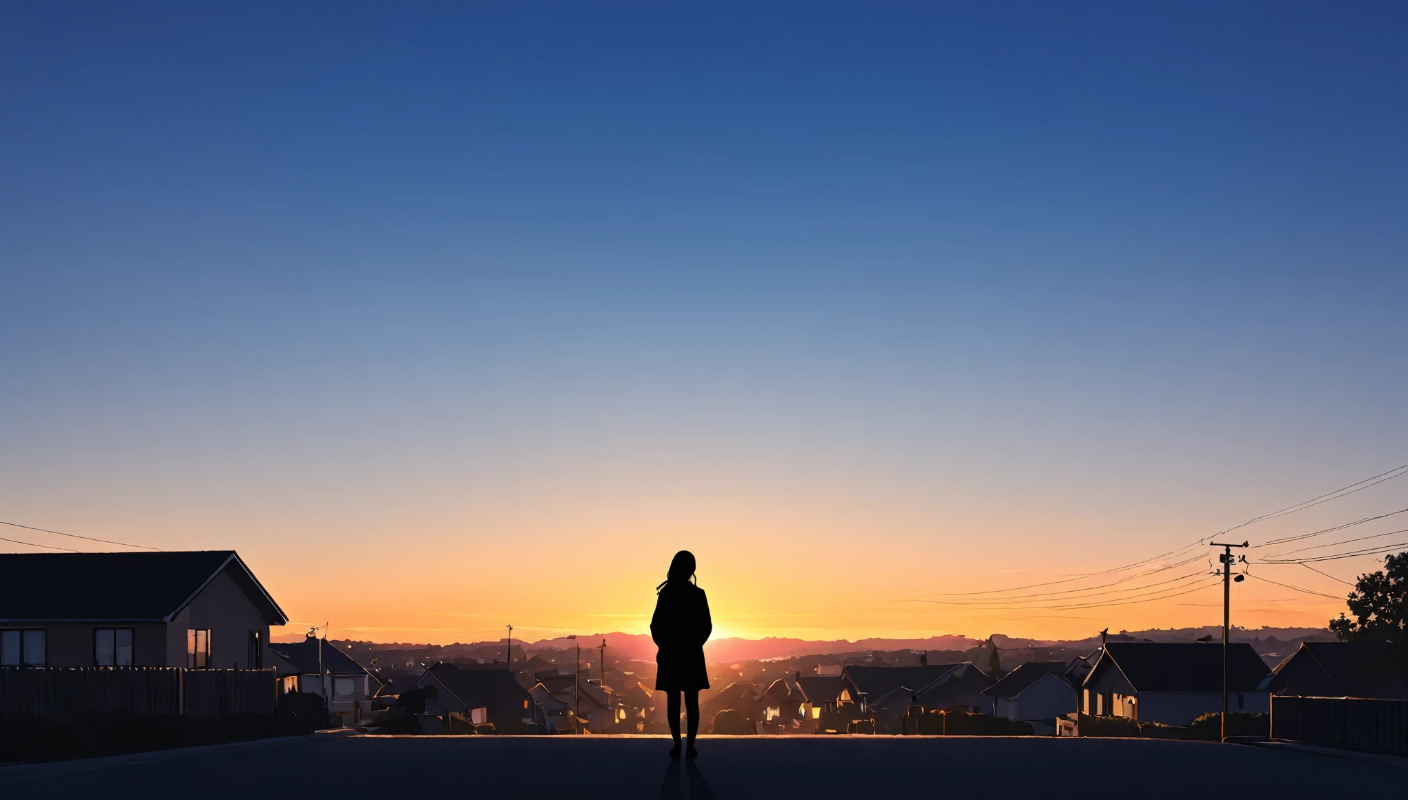 A quiet sunset over a suburban town, Silhouette of a person&#39;s shadow reflected on the ground, Silhouette of a cat standing on two legs, There are no people, Anime art style, Very detailed, 8k, Realistic, photoRealistic, masterpiece, Vibrant colors, Warm lighting, Structure of the film, Gloomy atmosphere, Soft Focus, Intricate details, Nice views, Breathtakingly beautiful, Dramatic Sky, Shining horizon