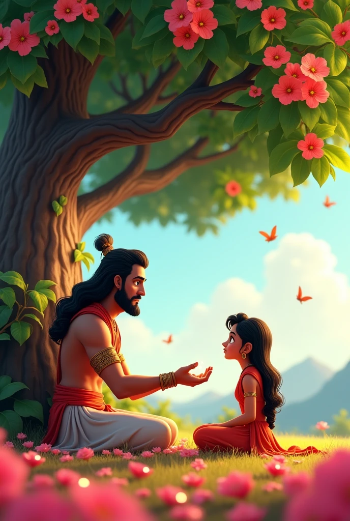 In cinematic cartoon 3d style
He is seen handing a ring to a sorrowful Sita, who is sitting under a tree in the Ashok Vatika, surrounded by beautiful flowers but looking distressed.