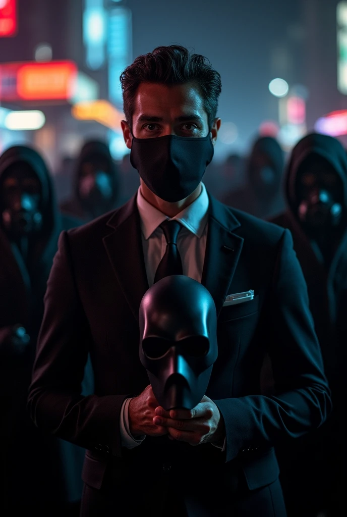 arafed man in a suit holding a black mask, white man with black fabric mask, black mask, mask inside mask, black facemask, black face, mysterious man, partially masked, vantablack cloth technology, wearing all black mempo mask, faceless people dark, mask off, some of them use gask mask, ( ( mask ) )
