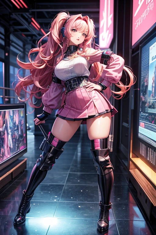 high resolution, best quality, masterpiece, very high image quality, ultra-detailed, hyperrealistic, 3d, anime, illustrations, fantasy, hard rock girl, very beautiful cute, pink wavy hair, side braid, miniskirt, knee high socks, engineer boots, background cyber punk city galaxy