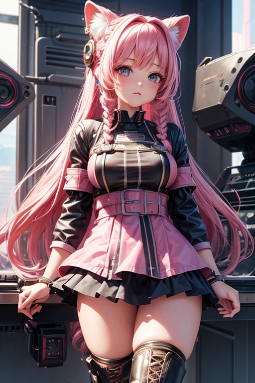 high resolution, best quality, masterpiece, very high image quality, ultra-detailed, hyperrealistic, 3d, anime, illustrations, fantasy, hard rock girl, very beautiful cute, pink wavy hair, side braid, miniskirt, knee high socks, engineer boots, background cyber punk city galaxy  