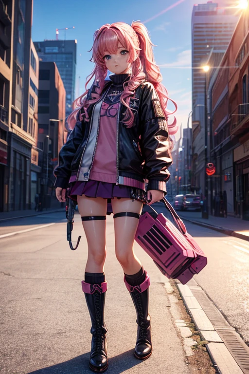 high resolution, best quality, masterpiece, very high image quality, ultra-detailed, hyperrealistic, 3d, anime, illustrations, fantasy, hard rock girl, very beautiful cute, pink wavy hair, side braid, miniskirt, knee high socks, engineer boots, background cyber punk city galaxy