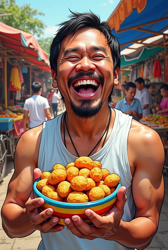 Manny Pacquiao Laughing while holding a bowl of Adobong Mani Sketch style 
