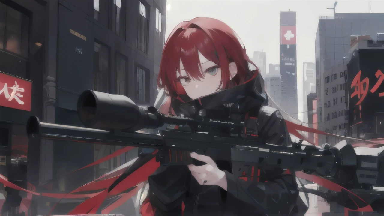 One person,Black clothes,Red Hair、sniper rifle、City of night、Food
