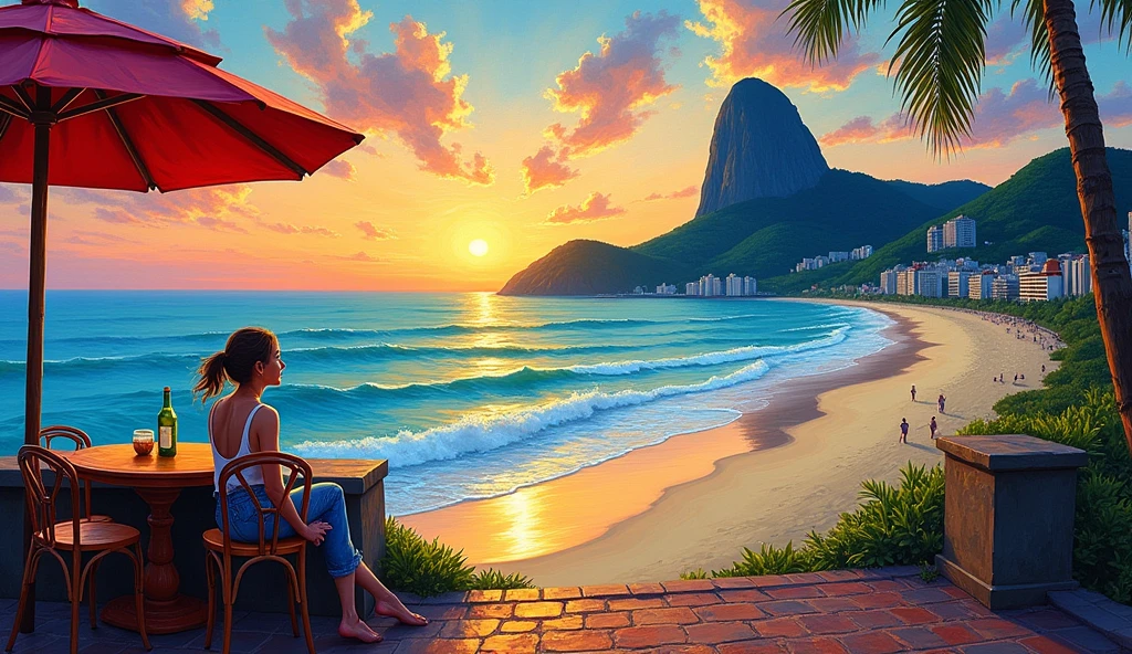 Right after sunset、Soft Focus, Bright gradient oil painting, Van Gogh style、dreamer, White background, , Cafe, Copacabana Beach, Sugarloaf, Corcovado, Hilltop favela.