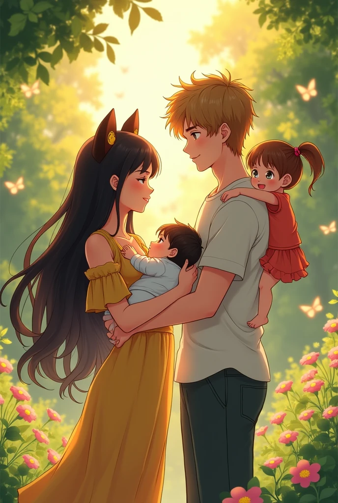 An anime woman with long black hair and brown cute bear ears and she is holding her baby son in her arms and she is standing with her husband he has brown-blonde hair and he is holding his toddler daughter and they are standing in their backyard 