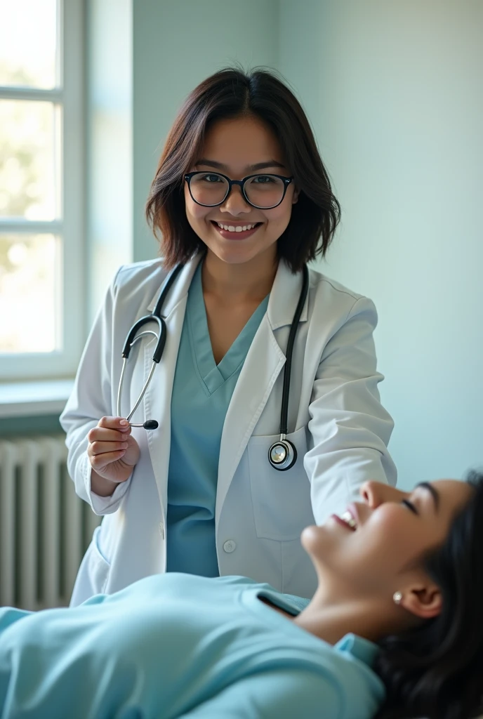 A 40 years old beautiful chubby malay women (very big breasts), bob cut hair style, wear sexy doctor jacket, wear glasses, sensual and seductive expression and pose, with a stethoscope, checking a patient in the room as background, realistic photography, natural light, look at the viewer, 