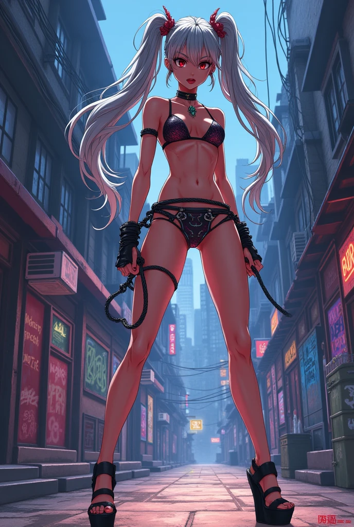 Arrested female criminal with hands tied with silver pigtails in bikini and wedge sandals, anime