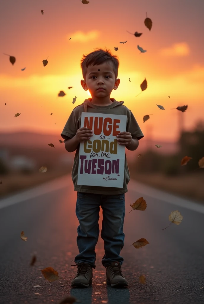 A boy standing alone on road with poster in hand to want justice