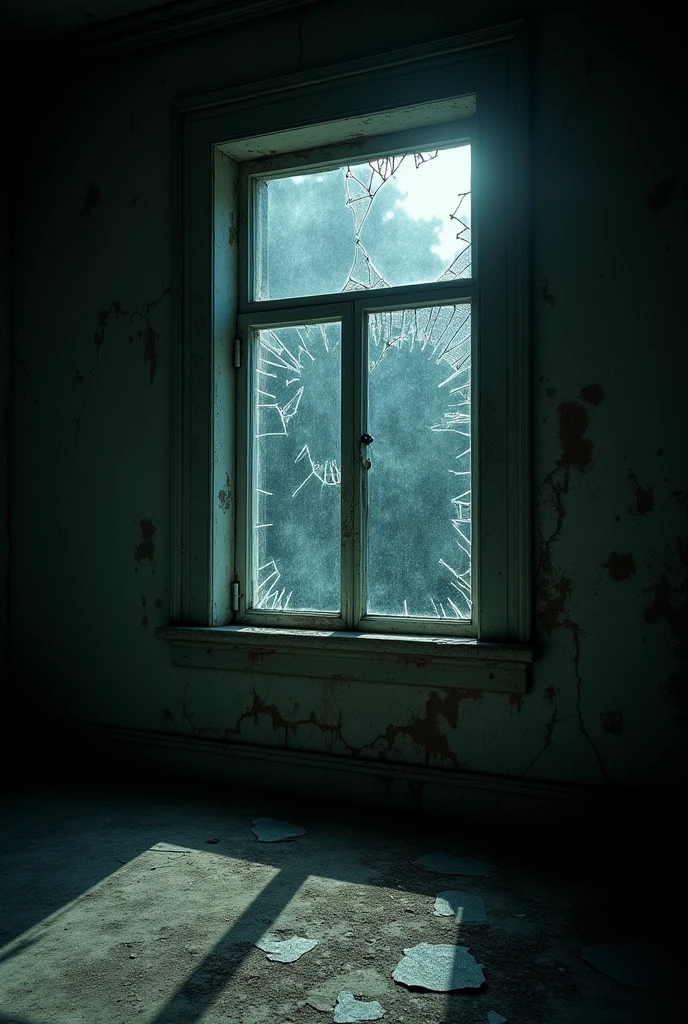 Window with broken glass at night