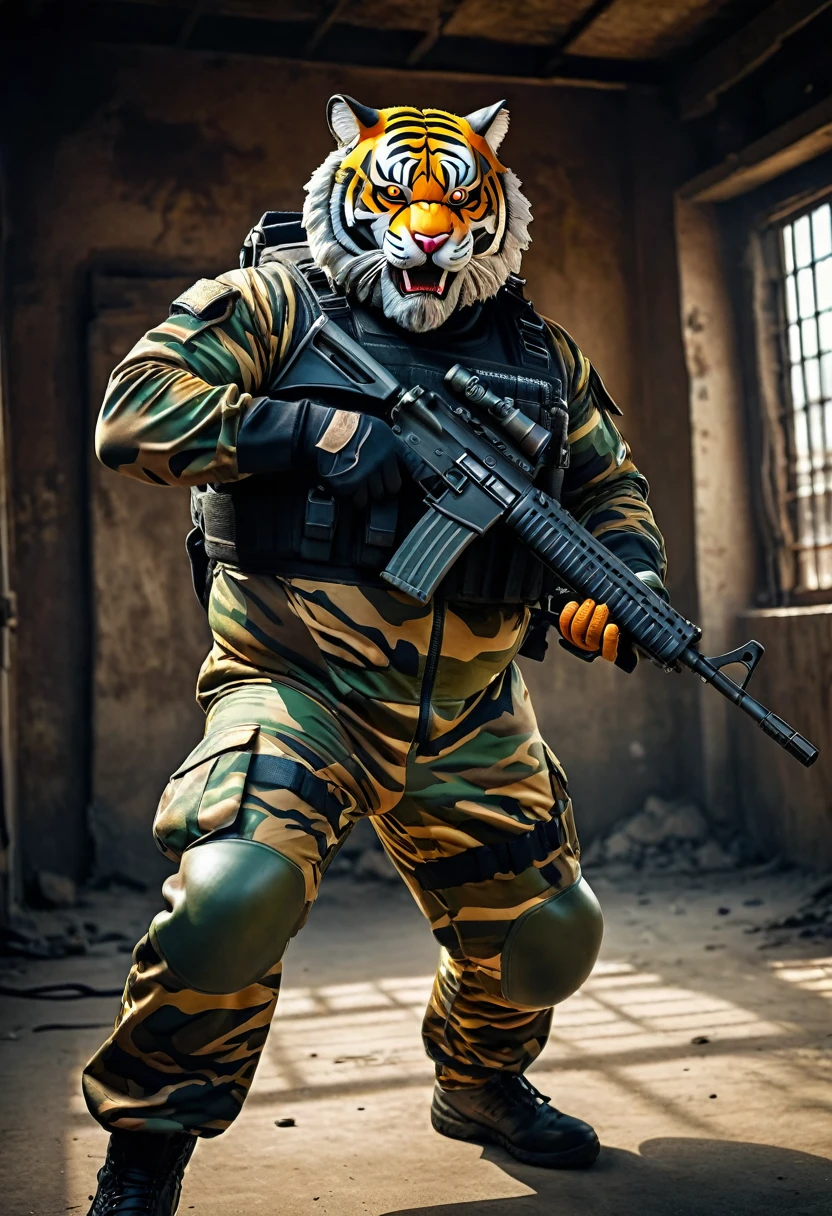 (a dark-skinned bearded fat old man in a bulky camouflage zipper diver suit) holding a gun and (wearing roaring white lion mask), muscular, Basuki Abdullah, sumatraism, action, a character portrait, heroic, fierce, snarling