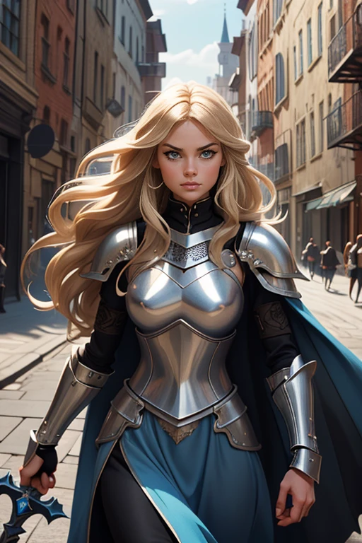 Create an anime-style female knight standing confidently in a medieval cobblestone street. She has long, wavy blonde hair, piercing blue eyes, and is clad in shiny silver and black armor, which is intricately detailed. Her armor includes a chest plate, gauntlets, and greaves, and she wears a flowing black cape. She holds a glowing blue sword in her right hand, which emits a soft light. The background depicts a medieval cityscape with tall buildings, narrow streets, and a soft light filtering through, adding a sense of depth and atmosphere to the scene. The character should exude strength and determination, with a slightly ethereal or heroic aura