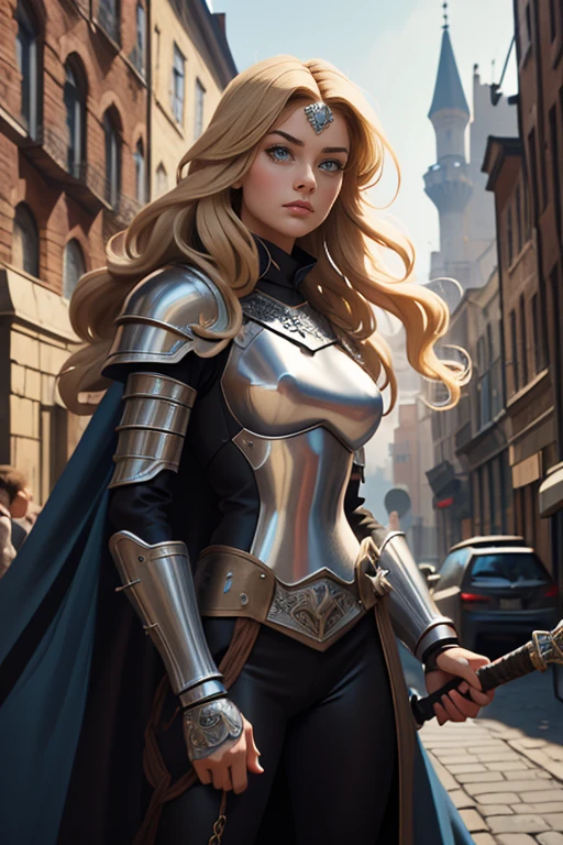 Create an anime-style female knight standing confidently in a medieval cobblestone street. She has long, wavy blonde hair, piercing blue eyes, and is clad in shiny silver and black armor, which is intricately detailed. Her armor includes a chest plate, gauntlets, and greaves, and she wears a flowing black cape. She holds a glowing blue sword in her right hand, which emits a soft light. The background depicts a medieval cityscape with tall buildings, narrow streets, and a soft light filtering through, adding a sense of depth and atmosphere to the scene. The character should exude strength and determination, with a slightly ethereal or heroic aura