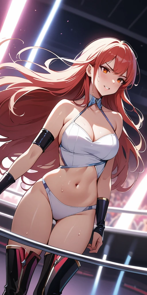 Ultra-high resolution, Cowboy Shot, 18 years old, (Idols:1.4), (Famous actresses :1.4), (Beautiful detailed face:1), ((Best Quality)), 1:1, 18 I, Cinematic Light, ,Mood lighting, (((Perfect Anatomy:1.10))), (Finely detailed face:1.2), (Representative works:1.5), (Best Quality:1.2), Looking at Another, Lipstick, V-shaped eyebrows, V Line Jaw, ((Prevents clothing from digging into the skin)), Sexually suggestive faces, (The background is blurred), Glossy texture, Strong winds:1.3, ((Long hair blown by the wind:1.4)), (Blue eyes:1), (Perfect Face:1.4), (Beautiful detailed eyes), ((Shiny skin:1.2)), (Extremely smooth expressed skin), (Sweaty skin:1.3), White Skin, Slender, Narrow nose, (Narrow waist:1), (Almond Eyes:1), (Sharp eyes and a mysterious smile:1.2), (Large bust:1.3), There is cleavage in the chest, Bangs,Head tilt, Light makeup, Small Ass, (((Wrestling match venue))), (((Inside the professional wrestling ring))), ((Sexy Sparkly Costumes:1.3)), ((Sexy design white swimsuit:1.3), (( A sexy costume with a complex design of red lines on a white background:1.3)), (Patent leather long wrestling boots), Thimble Skin Gloves, (Raise one arm), Dynamic Action,