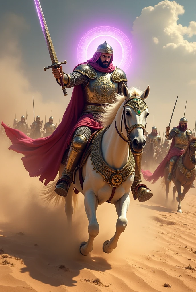 An Arab knight riding a white horse and holding a sword with a purple halo, with the corpses of Roman knights covered in blood in a desert full of