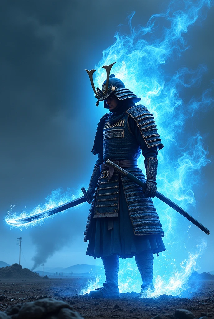masterpiece、最high resolution、high resolution、Detailed Description、beautiful、art、One Samurai、Samurai surrounded by blue flames、beautiful甲冑、Samurai brandishing a sword、Sharp-eyed Samurai、Sharp Eyes、The sword is engulfed in blue flames、battlefield、A tense scene、Ink Painting、Movie poster motif、Inspired by The Last Samurai、4K Graphics、