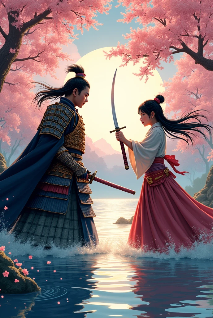 「Set against the backdrop of Japan&#39;s Warring States period、Please draw a scene of Oda Nobunaga and Shinsengumi&#39;s Okita Souji fighting fiercely with swords.。Nobunaga was wearing gorgeous armor.、He confronts his enemies with a sharp gaze.。on the other hand、Okita Souji swings his sword with a smooth movement.、She has an innocent look on her face.。A quiet river flows in the background、The two figures are reflected on the water&#39;s surface.。Cherry blossoms are fluttering around、Please create a screen that allows you to feel the tension of the battle while also experiencing the beautiful nature of Japan.。」、Manga style