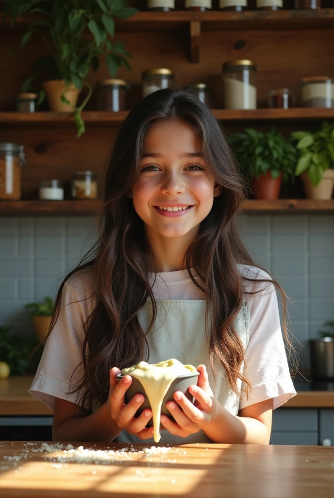 A girl of 21 showing  creamy paste  in her hand, showing its viscosity with other hand