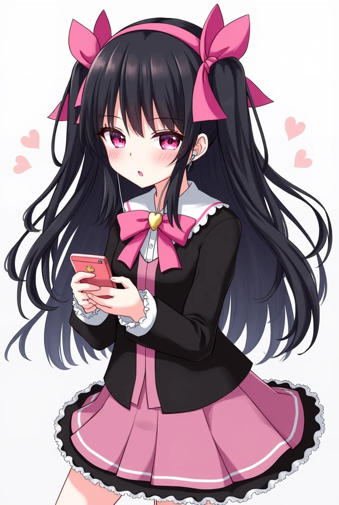 One person, Black Hair,Pink inner color,Long Hair, Gaze, Heavy bangs,Half pigtails Close your mouth, Pink eyes, Droopy eyes, Open your eyes, Take a closer look, Hearts in eyes, Simple Background, ribbon, Headband, ピンクのribbonヘアアクセサリー, earphone, Illustration, anime, anime風, skirt,Pale skin,黒色✨長袖,Frills,Mine system,smartphone,Looking down,No eyebrows,Red eyeshadow under the eyes