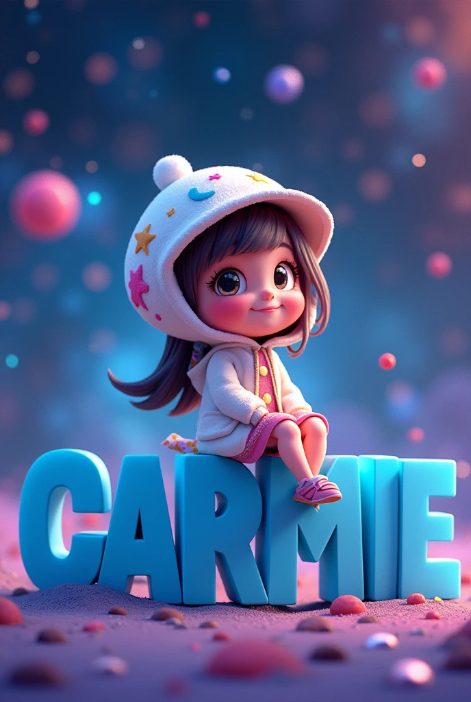 Create a 3D illustration of an animated beautiful girl seating casually on top of blue text "CARMIE" . wearing bonnet and white jacket, The background of the character outer space