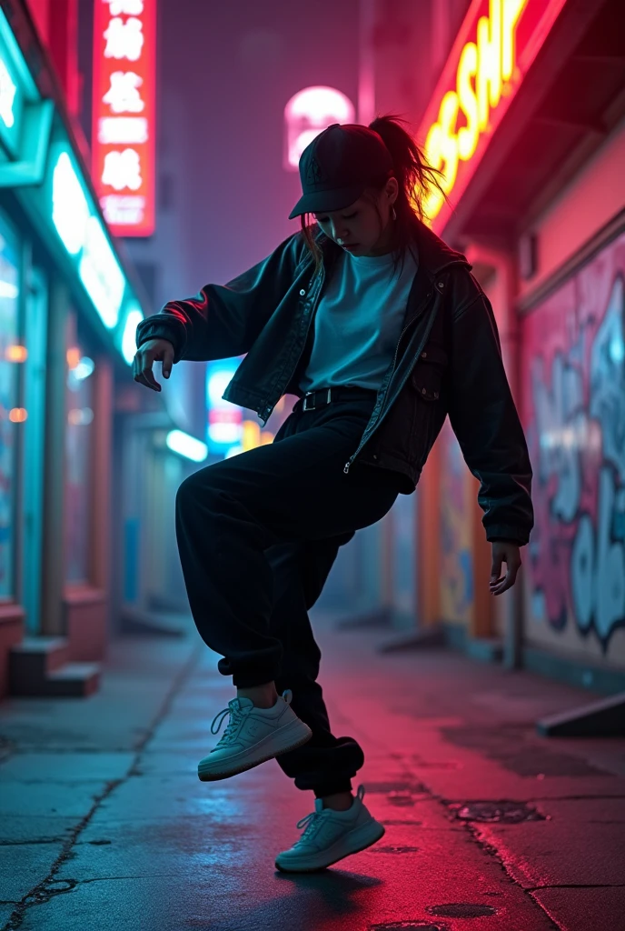 1 asian female, streetstyle hiphop fashion, baggy thick edgy loose clothing, breakdancing, footwork spinning on head, (best quality,4k,8k,highres,masterpiece:1.2),ultra-detailed,(realistic,photorealistic,photo-realistic:1.37),highly detailed face, intricate details, vibrant colors, dramatic lighting, dynamic pose, urban street background, neon lights, gritty graffiti, moody atmosphere, cinematic composition