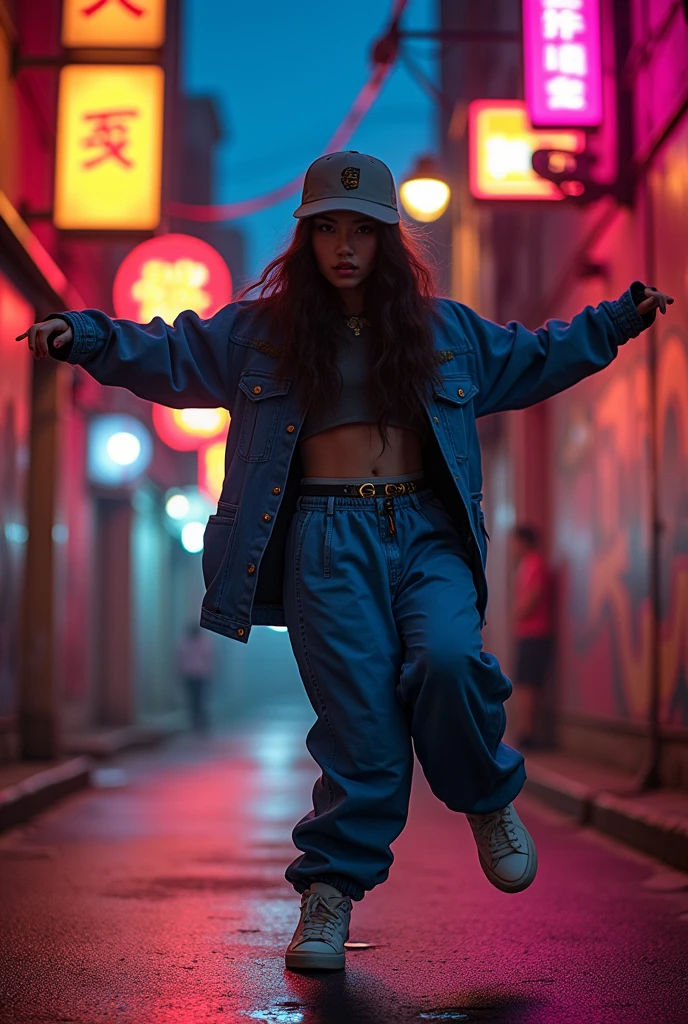 1 asian female, streetstyle hiphop fashion, baggy thick edgy loose clothing, breakdancing, footwork spinning on head, (best quality,4k,8k,highres,masterpiece:1.2),ultra-detailed,(realistic,photorealistic,photo-realistic:1.37),highly detailed face, intricate details, vibrant colors, dramatic lighting, dynamic pose, urban street background, neon lights, gritty graffiti, moody atmosphere, cinematic composition