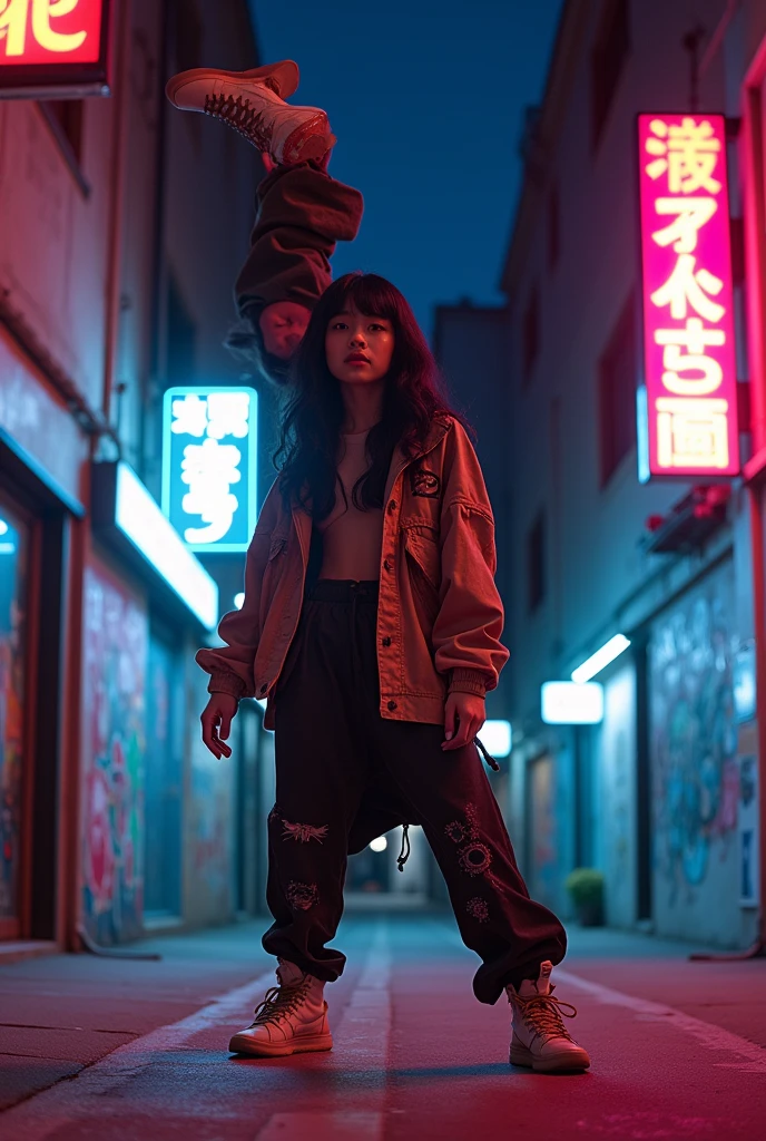 1 asian female, streetstyle hiphop fashion, baggy thick edgy loose clothing, breakdancing, footwork spinning on head, (best quality,4k,8k,highres,masterpiece:1.2),ultra-detailed,(realistic,photorealistic,photo-realistic:1.37),highly detailed face, intricate details, vibrant colors, dramatic lighting, dynamic pose, urban street background, neon lights, gritty graffiti, moody atmosphere, cinematic composition