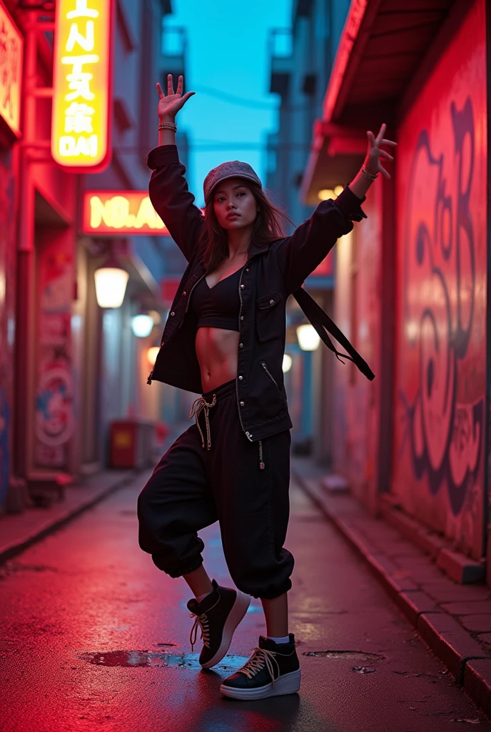 1 asian female, streetstyle hiphop fashion, baggy thick edgy loose clothing, breakdancing, footwork spinning on head, (best quality,4k,8k,highres,masterpiece:1.2),ultra-detailed,(realistic,photorealistic,photo-realistic:1.37),highly detailed face, intricate details, vibrant colors, dramatic lighting, dynamic pose, urban street background, neon lights, gritty graffiti, moody atmosphere, cinematic composition