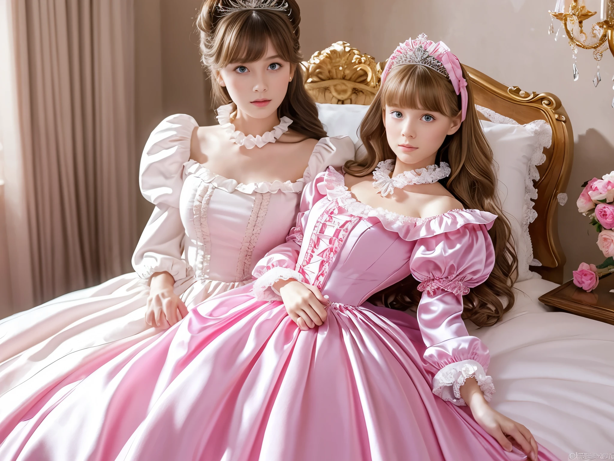 ,highest quality, masterpiece, highest resolution, artwork, super それにget used to it, many get used to it, get used to it, それにget used to it, 3k realistic pictures,,((10 year old s)),Ultra-detailed juvenile face,three are princesses,full length ball gown dress with hoop skirt,ruffled yoke collar,puff sleeves,long sleeve,((Lolita stylt pink detailed princess satin dress with lots of ruffles and ribbons)),Rococo style lolita fashion,y satin dress,Soft and smooth fabric,luxury,long blonde hair,blue eyes,white skin european,Pajama,((in the bedroom)),luxury princess canopy frilled bed,super detailed bed,lying on the bed,High-quality background,