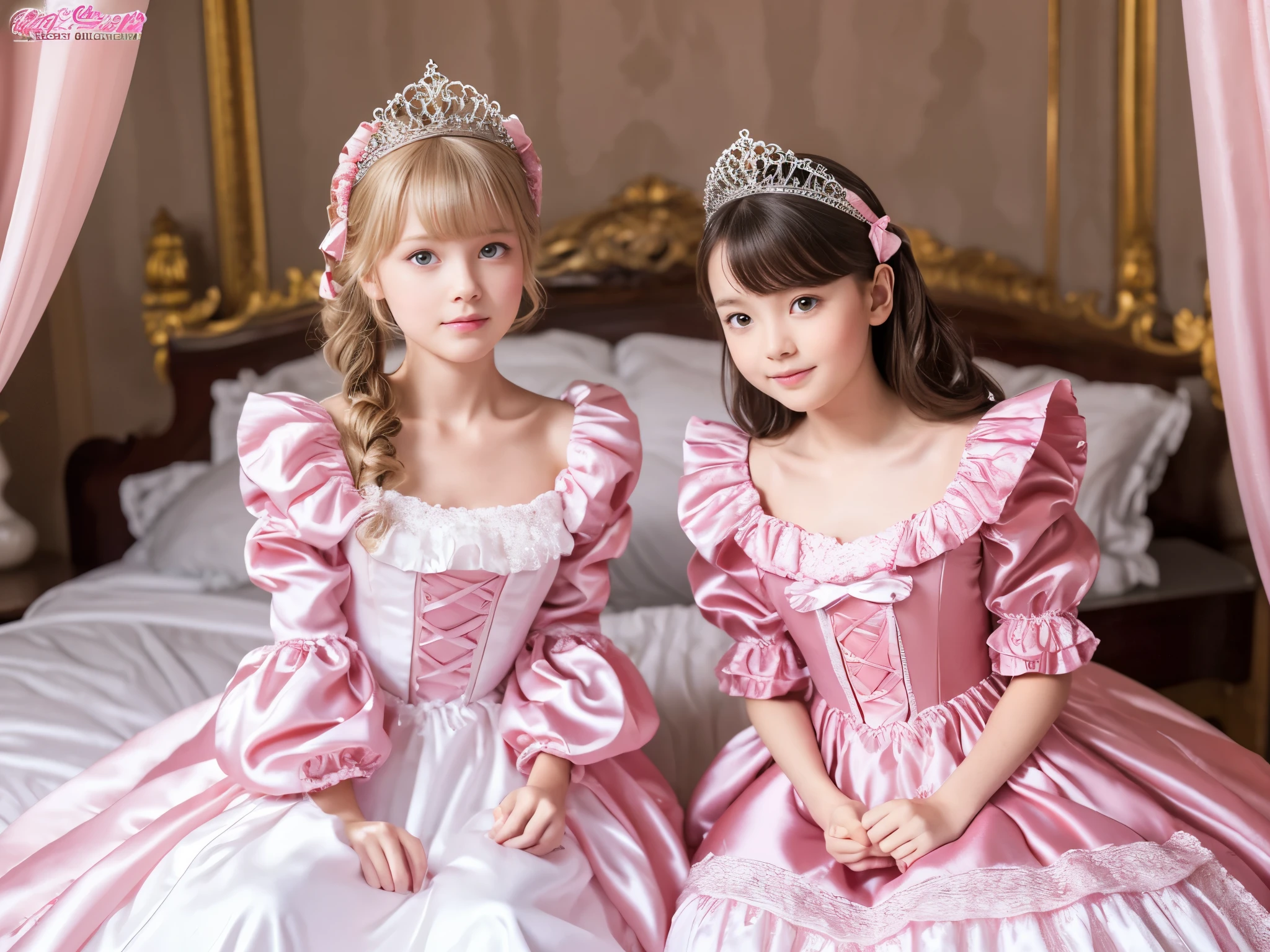 ,highest quality, masterpiece, highest resolution, artwork, super それにget used to it, many get used to it, get used to it, それにget used to it, 3k realistic pictures,,((10 year old little girls)),Ultra-detailed juvenile face,three are princesses,full length ball gown dress with hoop skirt,ruffled yoke collar,puff sleeves,long sleeve,((Lolita style hot pink detailed princess satin dress with lots of ruffles and ribbons)),Rococo style lolita fashion,shiny satin dress,Soft and smooth fabric,luxury,long blonde hair,blue eyes,white skin european,Pajama,((in the bedroom)),luxury princess canopy frilled bed,super detailed bed,lying on the bed,High-quality background,
