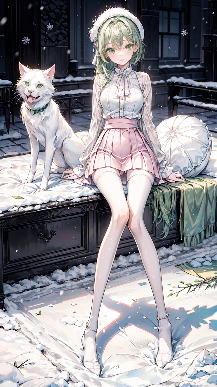 Snowy winter,very slim teen girl,short skirt,high-waist shirt,short white socks,bare legs,white skin,green eyes,long pink hair